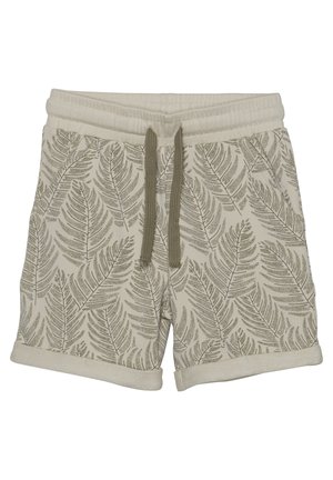 Short beige avec ourlets roulés, taille élastique, cordon vert et motif feuille de fougère sur toute la surface.