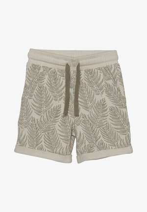 Beige shorts med opbukket kant, elastisk talje, grøn snor og mønster med bregneblade over det hele.