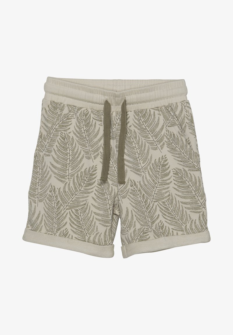 Short beige avec ourlets roulés, taille élastique, cordon vert et motif feuille de fougère sur toute la surface.