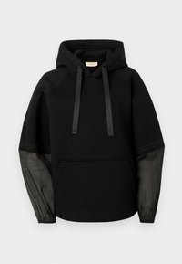 Črn pulover s kapuco s sprednjim žepom, ki ima satenske vrvice za zategovanje in prosojne rokave z vzorcem. Mehak material z udobnim, sproščenim krojem.