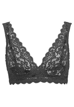 Donkergrijze kanten bralette met golvende randen, diepe V-hals, bloemenpatroon en brede bandjes. Zachte textuur met complexe details.