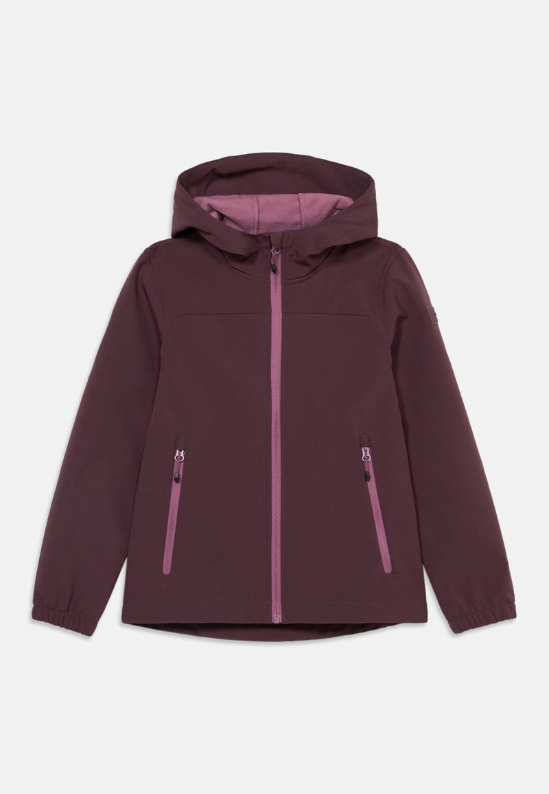 Veste softshell à capuche et manches longues de couleur violet foncé avec fermeture éclair et poches zippées violet clair, poignets élastiques et col montant.
