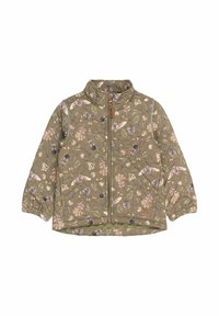 Õmmeldud oliivroheline jope kõrge kraega, millel on roosade ja lilla toonides lille- ja loomamotiivid ning elastsed varrukasuu otsad.