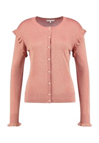 Rosa glittrig cardigan med långa ärmar, volangdetaljer vid axlarna, knäppning fram och texturerade ribbade manschetter och nederkant.