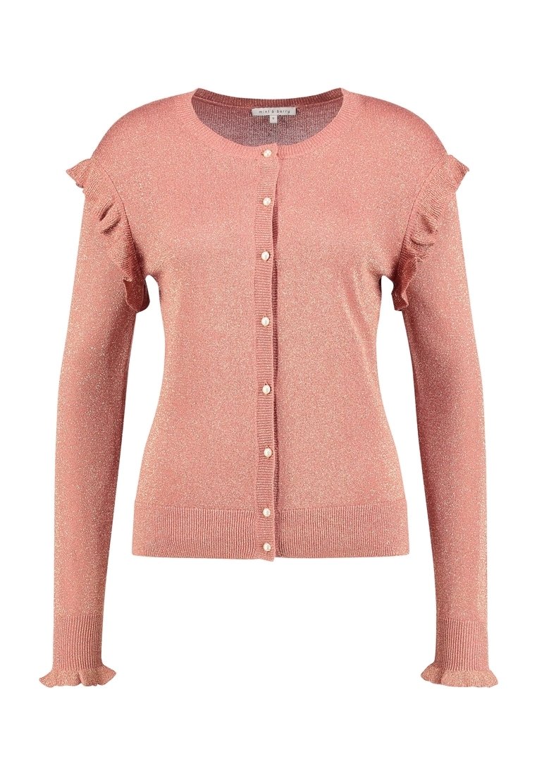 Rosa glittrig cardigan med långa ärmar, volangdetaljer vid axlarna, knäppning fram och texturerade ribbade manschetter och nederkant.