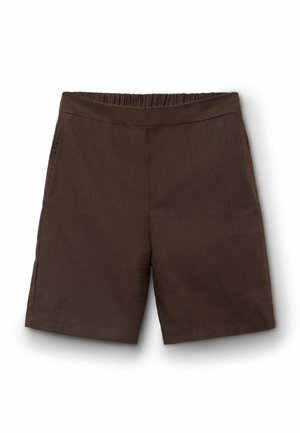 Short marron taille haute avec ceinture élastique et sans poches visibles, fabriqué en tissu léger.
