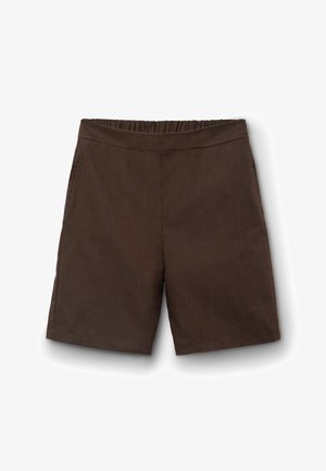 Short marron taille haute avec ceinture élastique et sans poches visibles, fabriqué en tissu léger.