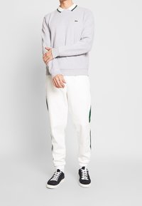 Persona che indossa un maglione a maniche lunghe grigio chiaro, pantaloni della tuta bianchi con strisce verde scuro e sneakers nere con lacci bianchi, in piedi su uno sfondo bianco.