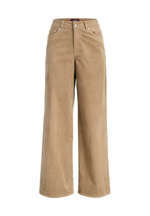 Pantalon large en velours côtelé marron clair, avec poches avant, fermeture par bouton et finition en tissu doux et texturé.