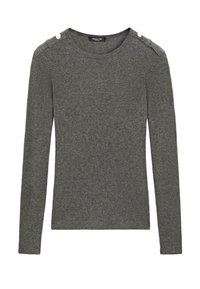Maglietta a maniche lunghe grigia, con collo a giro, realizzata in tessuto morbido, dotata di dettagli hardware sulle spalle con bottoni e un design aderente.