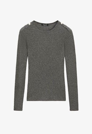 Grå langærmet T-shirt med rund hals lavet af blødt stof, med skulderhardwaredetaljer og knapper samt en tætsiddende pasform.