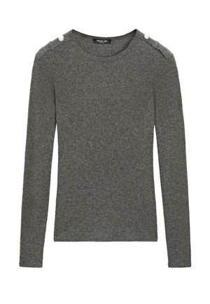 Grå långärmad tröja med rund halsringning som är gjord av mjukt tyg, med axelhardware och knappar samt en figursydd design.