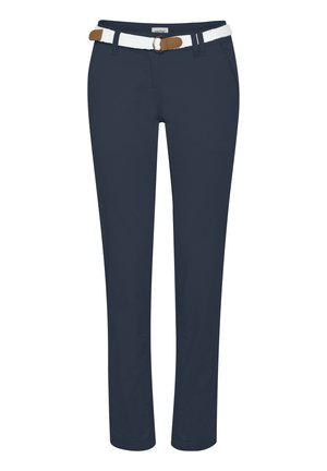 Tengerészkék pamut nadrág, fehér szövött övvel és barna csattal, slim-fit szabással és egyenes lábakkal.