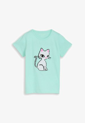Hellblaues Kinder-T-Shirt mit einer Pailletten-Grafik einer weißen Katze mit rosa Ohren und Wangen, die sitzt und seitlich schaut.