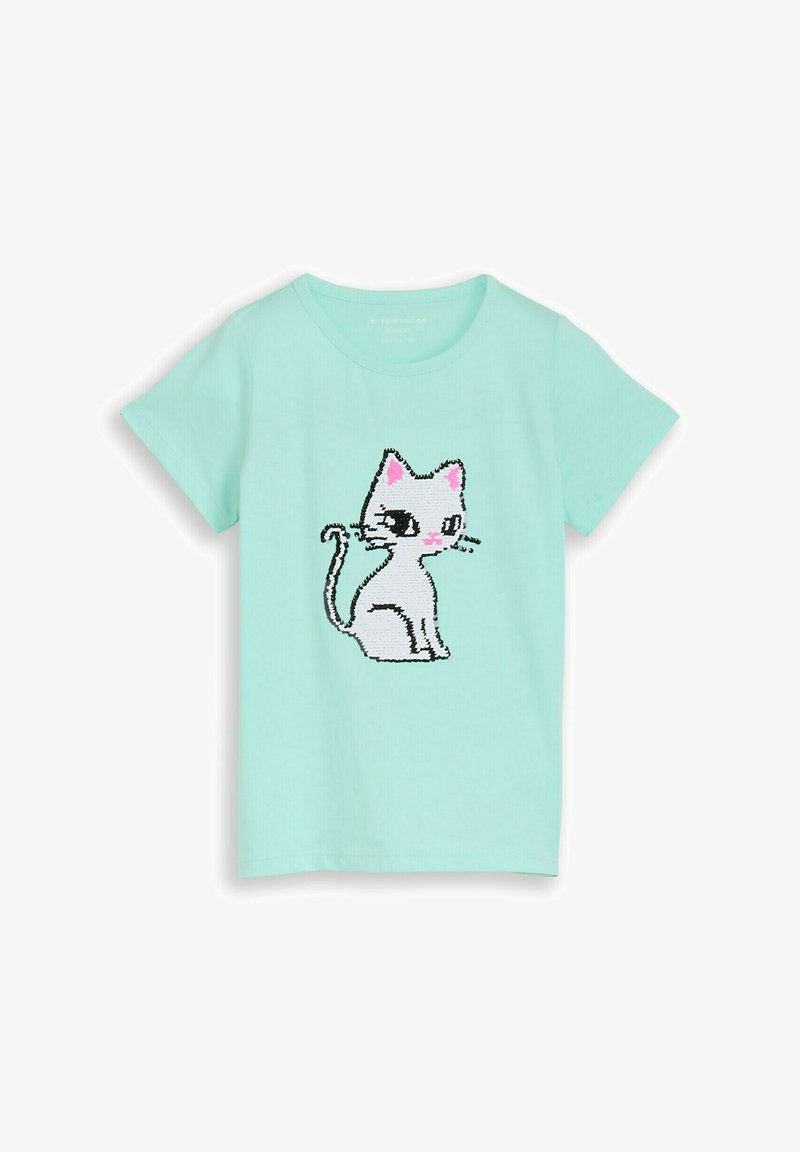 Camiseta infantil azul claro con gráfico de un gato blanco con lentejuelas, orejas y mejillas rosas, sentado y mirando de lado.
