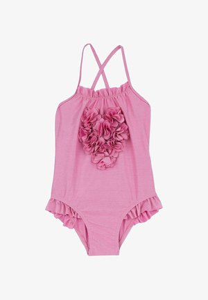 Maillot de bain une pièce rose avec des accents à volants, présentant un motif floral à l'avant. Fabriqué en tissu doux et texturé avec des bretelles fines.