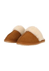 Bruine suède slippers met een fluffy crème bontkraag, gesloten teenontwerp en rubberen zolen. Zachte textuur en eenvoudige stikseldetails.