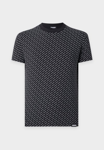 T-shirt noir à manches courtes avec un motif de texte diagonal blanc répété "DSQUARED2" et une petite étiquette "DSQUARED2 UNDERWEAR" près de l'ourlet.