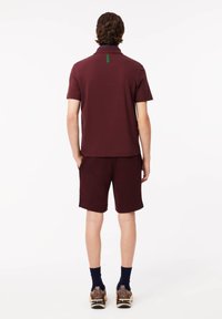 Bordeauxkleurig poloshirt met korte mouwen en een kraag, gecombineerd met bijpassende shorts. Opvallend groen label op de kraag. Casual sportieve schoenen.