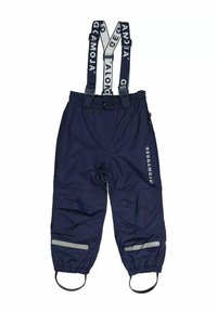 Marina vattentäta overaller med justerbara remmar, elastiska muddar, reflexdetaljer och fotstroppar. Tillverkade av hållbart syntetmaterial.