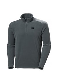 Pilkas flisinis megztinis su pusiau užtrauktuku ant apykaklės, ilgomis rankovėmis ir mažo juodo logotipo ant krūtinės. Minkšta tekstūra, laisvas stilius.