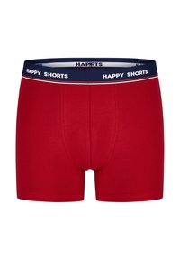 Červené bavlněné boxerky s tmavě modrým elastickým pasem. Pas obsahuje nápis "HAPPY SHORTS" bílou barvou, který je obrysově vyznačen červenou linkou.