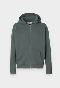Felpa con cappuccio e zip di colore grigio-verde scuro opaco, dotata di tasche frontali e polsini a costine, etichettata come Hollister Boy Fit, taglia media.