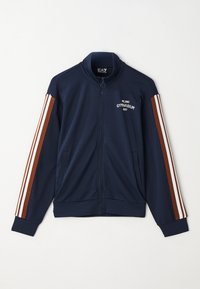 Navy zip-up track jacket made of smooth fabric, featuring brown and white striped accents on sleeves and "MILANO GYMNASIUM" text.