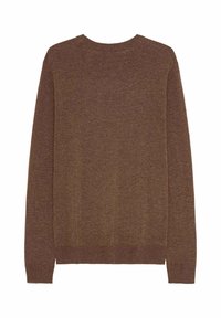 Brązowy sweter z długimi rękawami, okrągłym dekoltem, ribbowymi mankietami i dołem oraz gładką fakturą. Prosty, jednolity kolor bez widocznych wzorów czy dodatków.