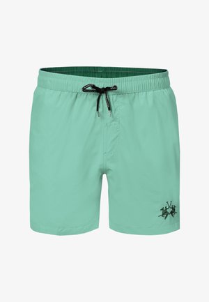 Hellgrüne Badeshorts mit elastischem Bund, schwarzem Kordelzug und kleinem schwarzem, besticktem Reiter-Logo am linken Bein.
