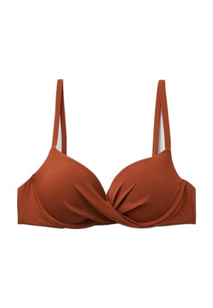 Rustbrun polstret bh med snoet stofdetalje foran og justerbare skulderstropper på hvid baggrund.