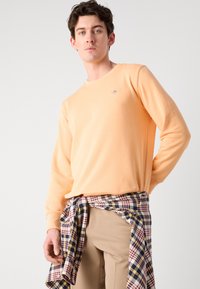 Light orange long-sleeve shirt with crew neckline, featuring a small logo on the chest. Styled with a plaid shirt tied around the waist.