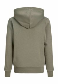 Sweat à capuche vert olive uni vu de dos avec manches longues et poignets et ourlet côtelés.