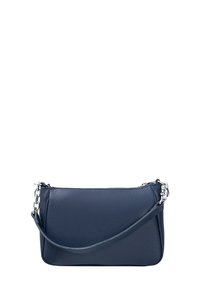 Borsa a tracolla in pelle blu navy con superficie texture e dettagli in catena tono argento. Caratterizzata da una singola tracolla regolabile e chiusura con zip.