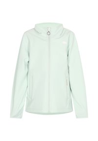 Ljus mintgrön jacka med hög krage, fullständig frontdragkedja och två sidfickor. Har en liten logotyp på bröstet och textil med struktur.