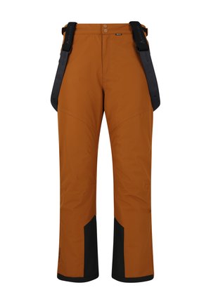 Brown waterproof pants with black accents, adjustable suspenders, and a button closure. Features reinforced stitching and tapered leg openings.