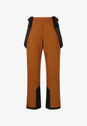 Braune wasserdichte Hose mit schwarzen Akzenten, verstellbaren Hosenträgern und einem Knopfverschluss. Verfügt über verstärkte Nähte und schmal zulaufende Beinöffnungen.