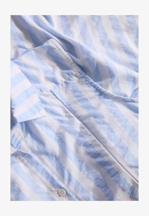 Lichtblauw en wit gestreept katoenen shirt met knoopsluiting en een omgeslagen kraag, met een gladde textuur en subtiele glans.