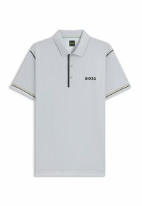 Polo shirt grigio chiaro realizzato in tessuto testurizzato, con colletto, patta con tre bottoni e bordi a contrasto, con logo sul petto.