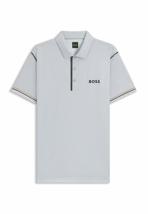 Lichtgrijze polo shirt van gestructureerde stof met een kraag, een drieknoopssluiting en contrasterende afwerking met een logo op de borst.