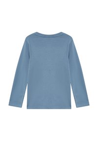 Langärmliges, hellblaues T-Shirt aus weichem Stoff. Verfügt über einen runden Ausschnitt und ein einfaches, nahtloses Design auf der Rückseite.