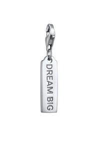 Porte-clés en argent avec une étiquette rectangulaire gravée "RÊVE GRAND." Dispose d'un mousqueton pour l'attacher. Fini lisse et brillant.