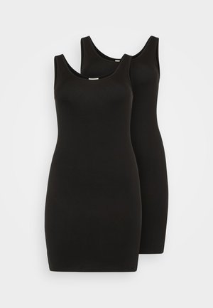 Sorte tankkjoler laget av glatt, elastisk stoff. Uten ermer med avrundet halslinning. To gjenstander i settet, minimalistisk stil.