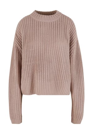 Rose pink knitted sweater with a high neck, cropped design, loose fit, and ribbed texture, featuring dropped shoulders and long sleeves.