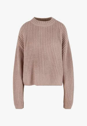 Rózsaszín kötött pulóver magas nyakkal, rövidített fazonnal, laza szabással és bordázott textúrával, esett vállakkal és hosszú ujjakkal.