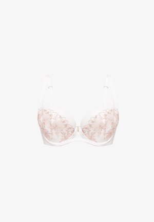 Biały stanik z fiszbinami, regulowanymi ramiączkami i jasnoróżowym kwiatowym haftem na miseczkach, z małym złotym zawieszkiem na środku.