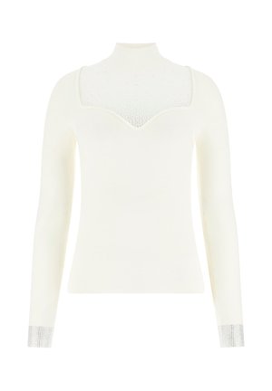 Biały sweter z długim rękawem i półgolfem, z siateczkowym wstawką z przodu oraz metalicznymi akcentami na mankietach. Gładka faktura na całej powierzchni.