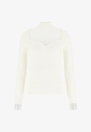 Weißer Pullover mit langen Ärmeln und Stehkragen, vorne mit einem Netz-Einsatz und metallischen Akzenten an den Bündchen. Glatte Textur.