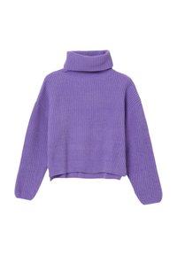 Maglione viola lavorato a maglia con colletto alto, maniche scese e texture a coste. Lunghezza corta con maniche ampie per un fit rilassato.