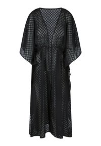 Kimono negro ligero con un patrón geométrico, de frente abierto y mangas anchas; cuenta con una cintura elástica para un ajuste ajustable.